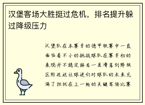 汉堡客场大胜挺过危机，排名提升躲过降级压力